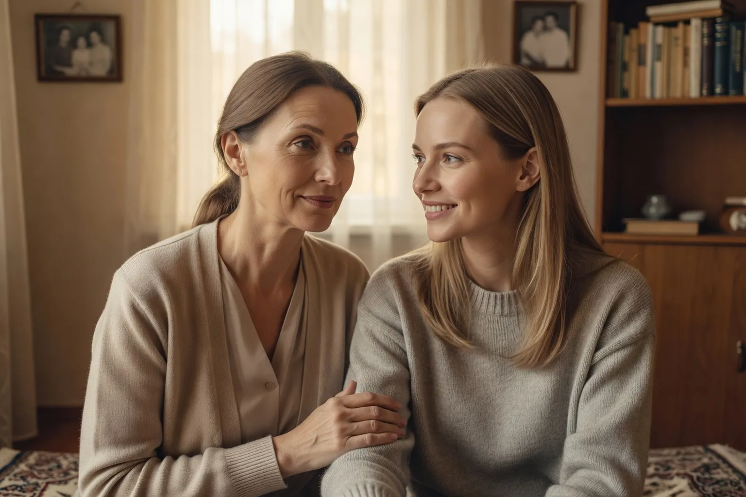 Mère russe et fille partageant un moment de complicité, illustrant la transmission des valeurs entre générations