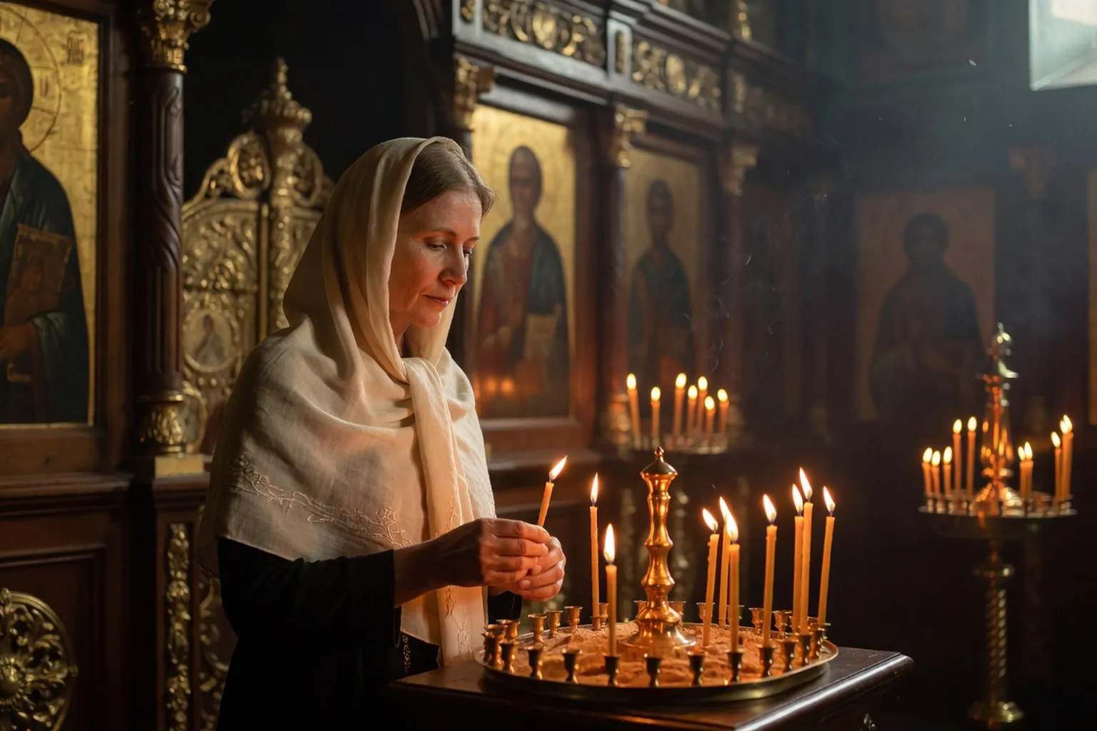 Femme slave allumant une bougie dans une église orthodoxe, illustrant la spiritualité discrète