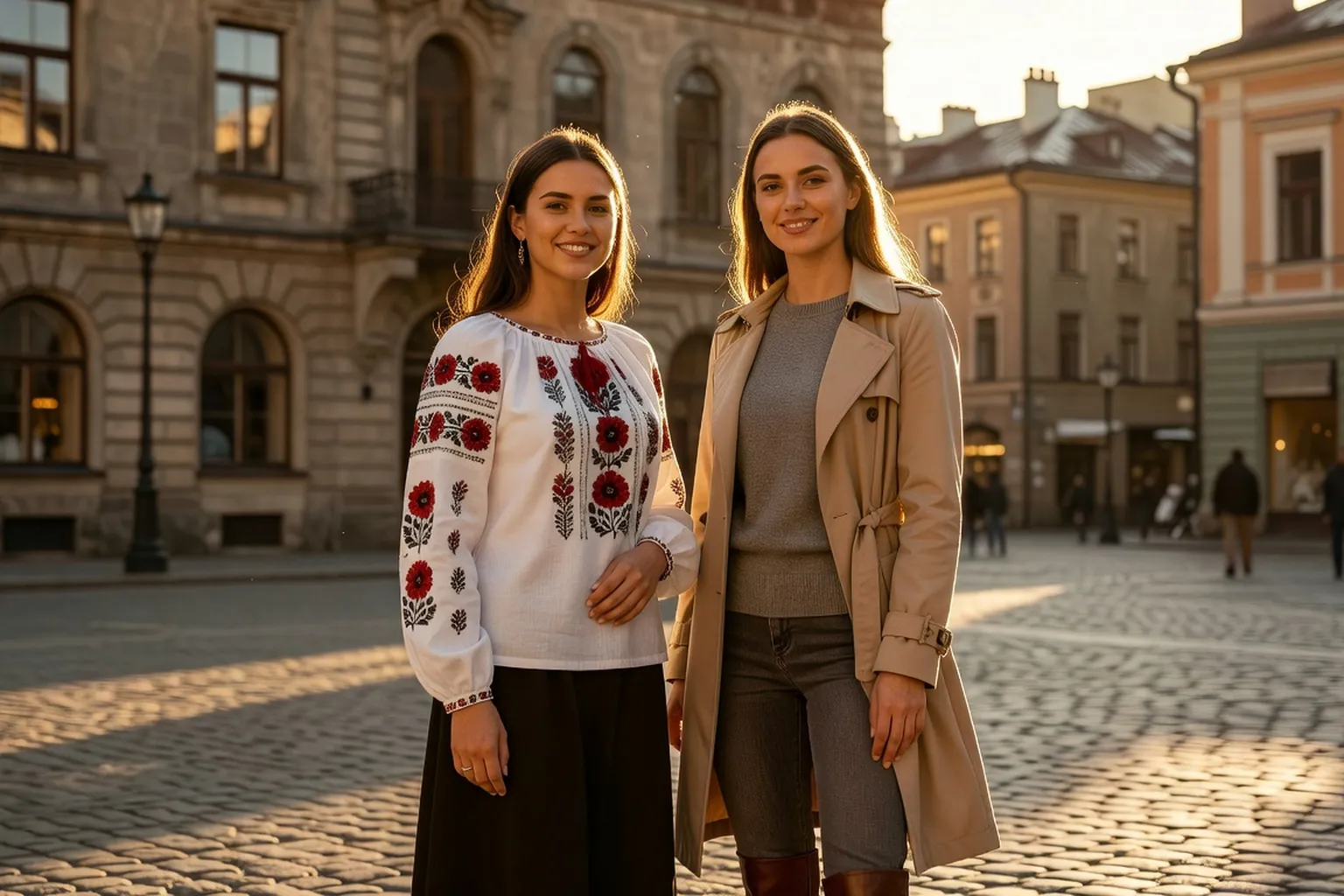 Deux femmes slaves, l'une russe et l'autre ukrainienne, illustrant la diversité culturelle des pays voisins