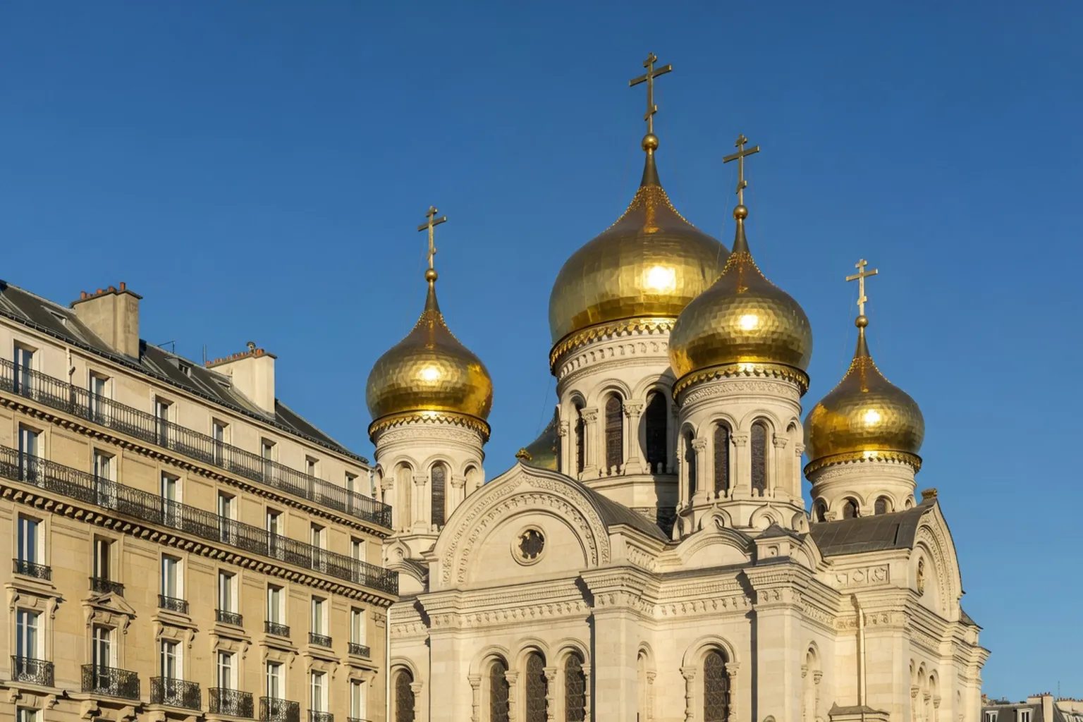 Vue extérieure de la cathédrale Saint-Alexandre-Nevsky à Paris, lieu emblématique de la diaspora russe