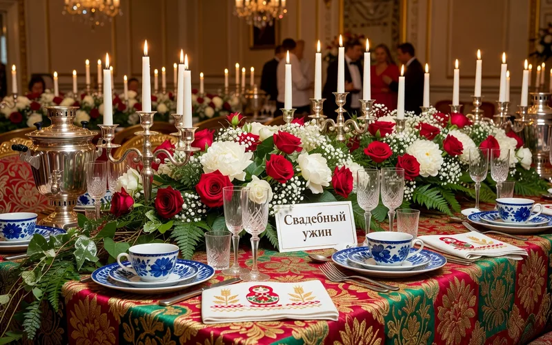 Table de banquet russe somptueusement dressée avec zakouski, champagne et décorations florales pour un mariage traditionnel